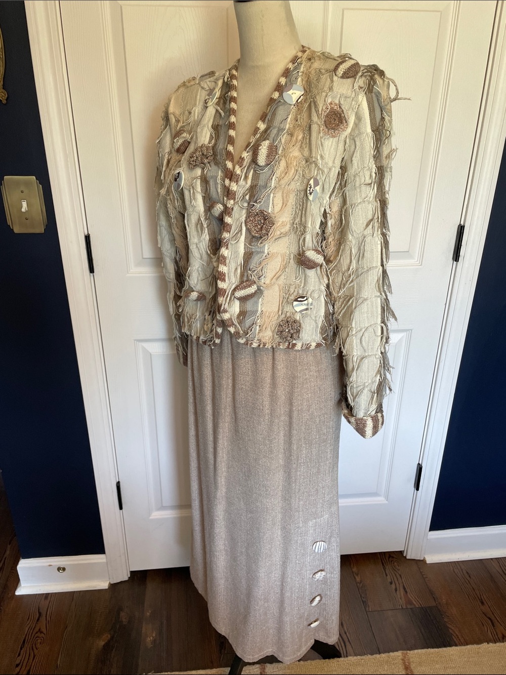 Vintage Crystal Handwovens Beige Textured Maxi Skirt Set Embellished Jacket Sz S